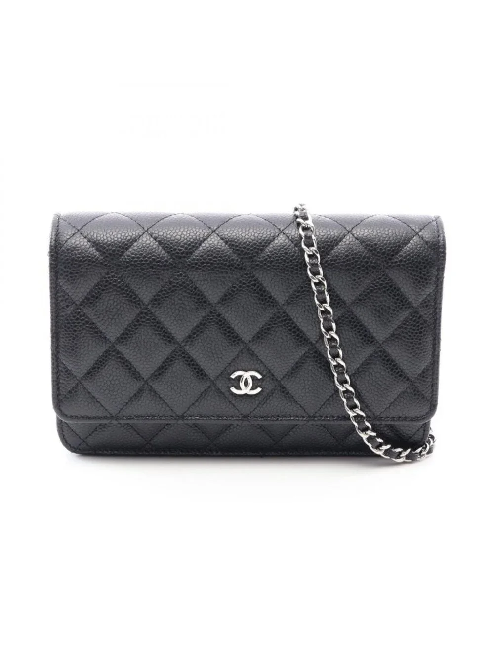 Chanel Shoulder Bag Quilted Black Caviar Leather Chain Wallet
